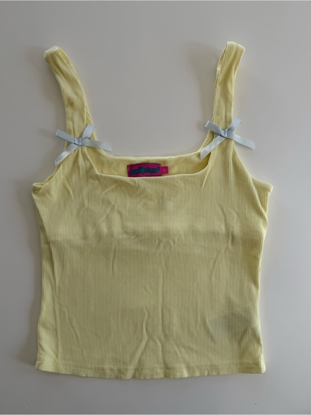 Edikted Tank Top Women’s S Yellow w/Baby Blue Biw Detail Ribbed Cotton Blend
